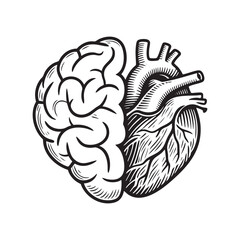 Fototapeta premium Hand drawn of Half brain and half heart draft silhouette drawing, black on white line art.
