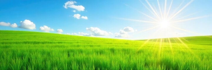Obraz premium Vibrant green field bathed in warm sunlight on a perfect summer day Lush grass, clear blue sky, idyllic landscape, perfect for nature, travel, or environmental themes , grass, environment