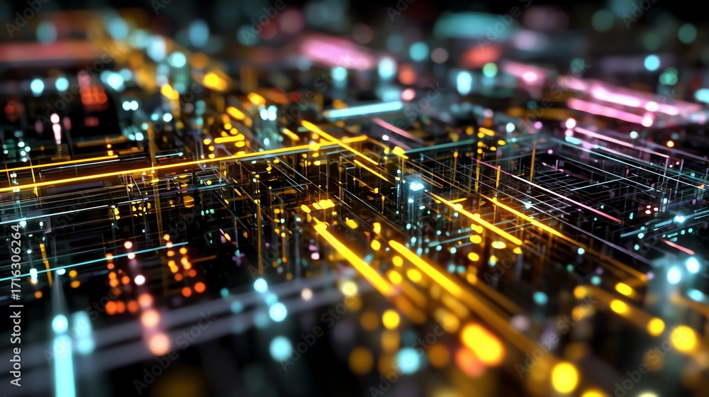 Poster abstract representation of digital circuits with vibrant neon colors, symbolizing the interconnected