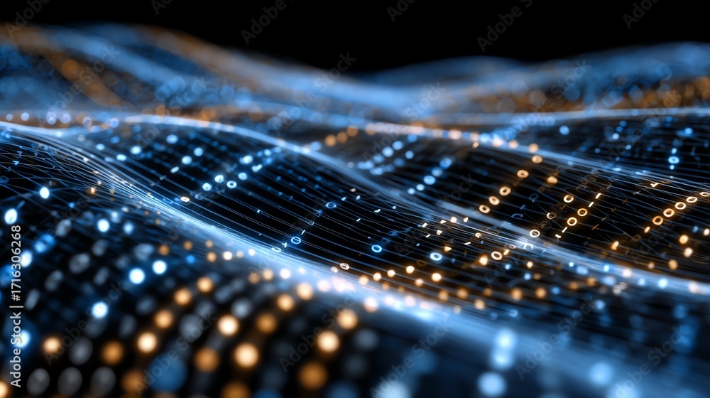 Poster abstract digital background showcasing waves of luminous particles. perfect for projects related to 