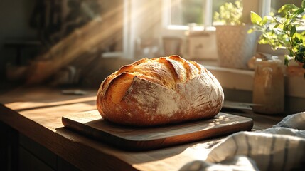 Fresh bread sits on a wooden board in a bright sunlit kitchen.