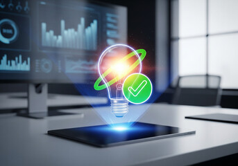 Innovative lightbulb idea concept with holographic projection on a tablet, representing successful business growth and technological advancement in a modern office setting