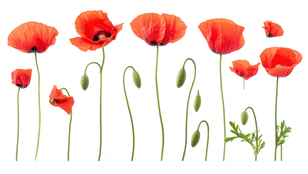 A array of red poppy flowers standing tall with varying heights and stages of bloom. set against a clean white background. ideal for floral design inspiration or nature-themed projects