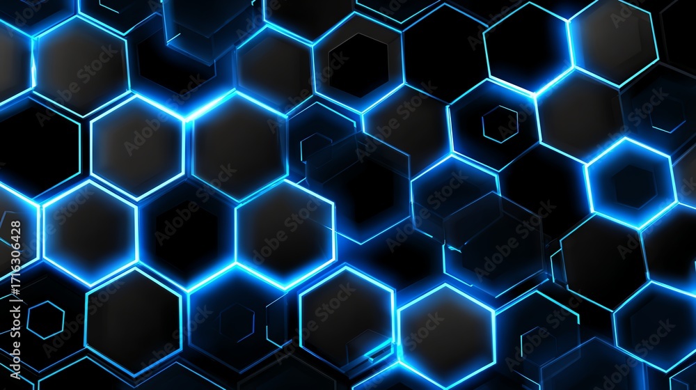 Poster a captivating abstract image showcasing a pattern of glowing blue hexagons on a dark background. the