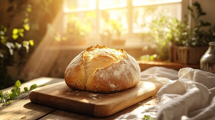 A loaf of bread sits on a wooden board in a bright kitchen.
