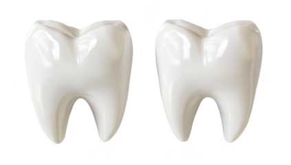 Two realistic. glossy white teeth displayed side by side against a transparent background. emphasizing dental health and hygiene. ideal for educational and promotional materials in dentistry