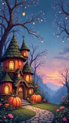 Whimsical pumpkin house at sunset in enchanted forest with lanterns