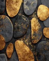 Golden abstract texture with irregular organic shapes, symbolizing the beautiful contrast between raw, natural elements and luxurious design