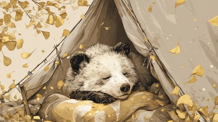 Cute bear cub sleeping peacefully inside a small tent with golden autumn leaves falling around it, symbolizing the cozy tranquility and hibernation of the fall season