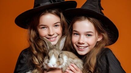 Two smiling girls in witch costume holding a rabbit on orange background symbolizing Halloween joy, friendship, and childhood magic