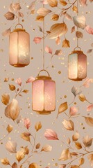 A seamless pattern of pastel lanterns with soft light floating gracefully among delicate leaves, representing tranquility, festivity, and decoration