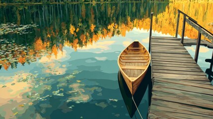 A serene vector art illustration of a wooden dock with a canoe tied at the edge of a calm lake in autumn, representing tranquility, solitude, and the beauty of the outdoors