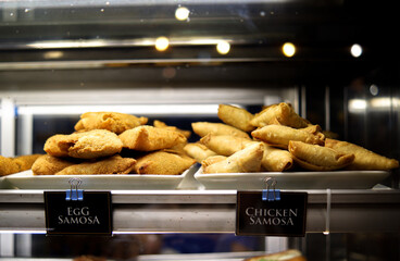 Samosas displayed in the store in Ella, Sri Lanka.