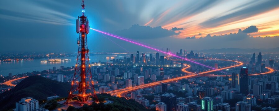 advanced telecommunication tower on a skyscraper sending neon digital signals to smart infrastructure, autonomous cars, and energy efficient urban systems, illustrating ultra fast 5g communication