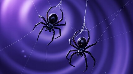 Dark Spiders on Purple Web with Red Eyes and Surreal Background