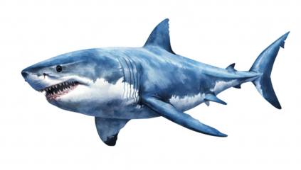 A majestic great white shark swimming gracefully through a underwater scene. its powerful form and sharp teeth. with a soft watercolor background that enhances its dynamic presence