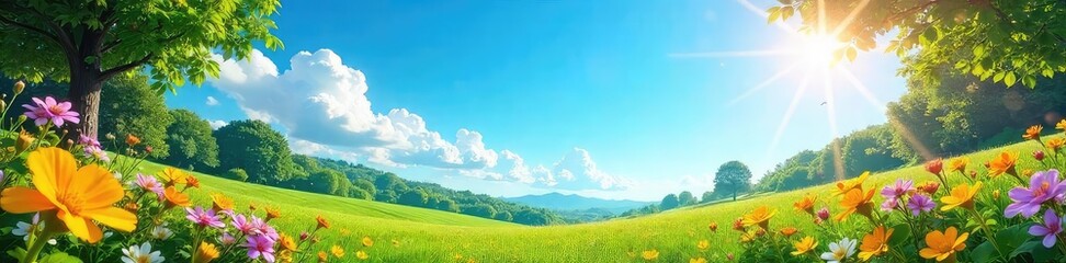 Fototapeta premium Sun-Drenched Summer Meadow Vibrant Landscape with Blooming Flowers and Clear Blue Sky - Perfect for Travel, Vacation, and Nature Projects