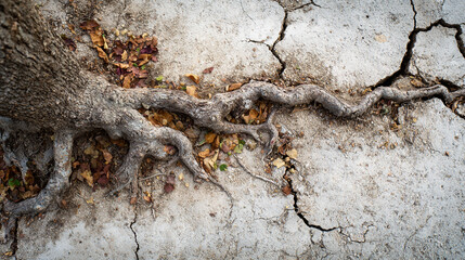 Tree roots breaking through cracked earth dry leaves scattered around