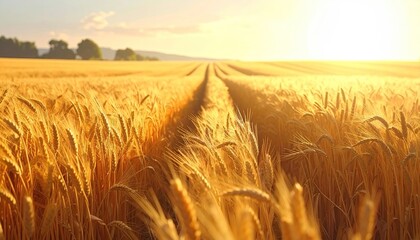 Obraz premium Golden Wheat Field at Sunset with Pathway in Rural Landscape