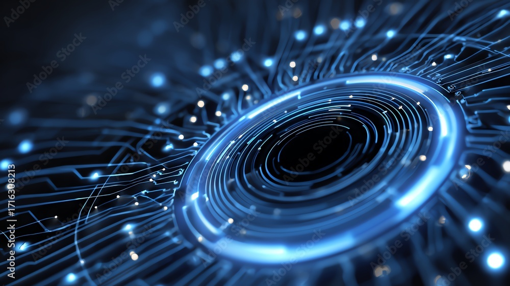 Poster a stunning close-up of a futuristic circuit design showcasing blue lighting and intricate patterns t