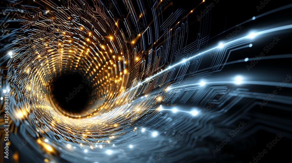 Poster abstract representation of digital technology, featuring a vortex of lights and lines. this image sy