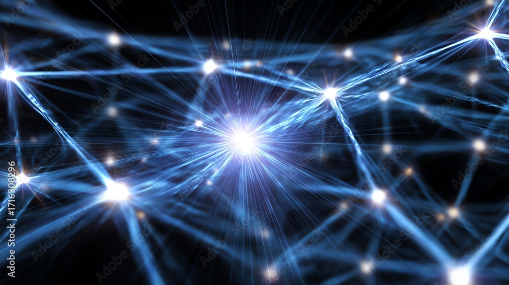 Poster abstract representation of a luminous network, showcasing interconnected light beams symbolizing dat