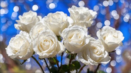 Obraz premium bouquet. Dreamy white rose bouquet softly focused against a blue sky, evoking serenity and natural beauty. gardening catalogs, home-decor guides, designed for home decor and floral branding.
