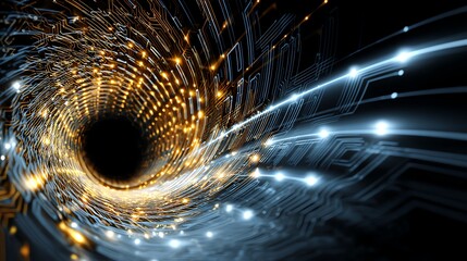 Abstract representation of digital technology, featuring a vortex of lights and lines. This image symbolizes innovation, data movement, and the intricate connections in technology.