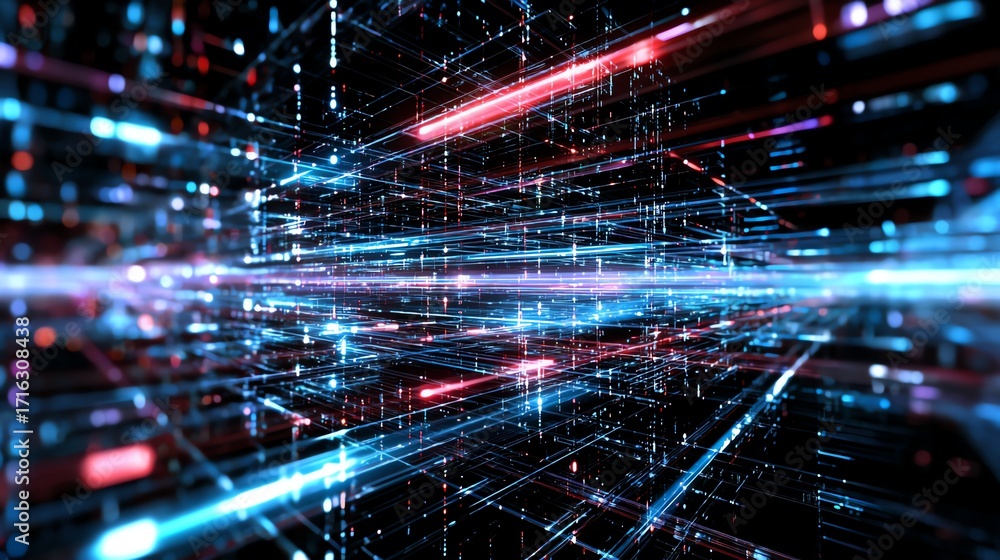 Poster a stunning abstract digital background featuring vibrant blue and red light streaks, representing th
