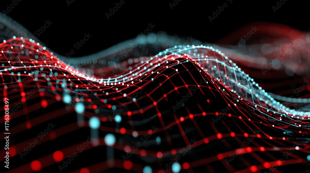 Poster a mesmerizing abstract representation of data waves, showcasing interconnected lines and glowing dot
