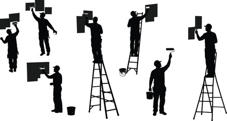 Silhouette painters working with paint rollers, wall painting workers on ladders, home improvement, construction illustration © Biplob Creatives
