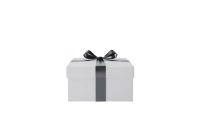 A minimalist white gift box adorned with a sleek black ribbon. positioned on a clean surface. creating a serene and elegant atmosphere. perfect for celebrations or special occasions