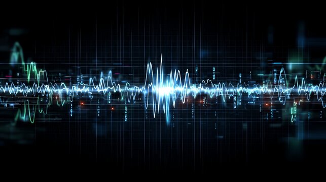 This high-tech image illustrates an audio waveform with vibrant blue tones against a dark background, perfect for projects related to sound engineering, music production, and techn