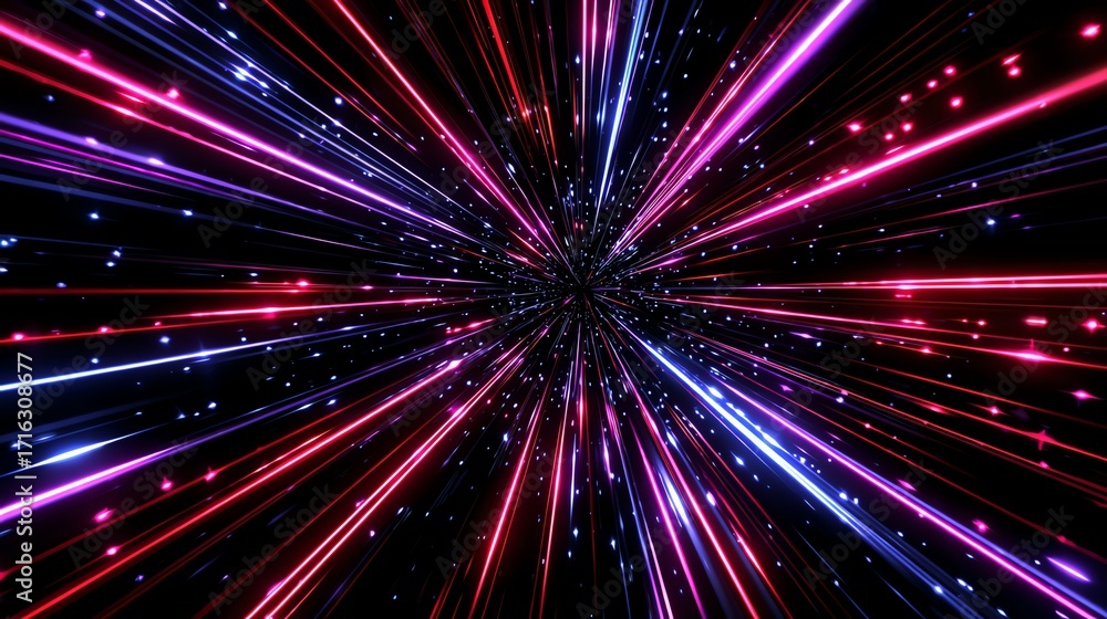 Poster a mesmerizing display of colorful light beams radiating from a central point, creating a stunning vi