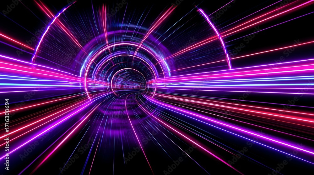 Poster a vibrant display of light trails creating a tunnel effect, showcasing modern technology and digital