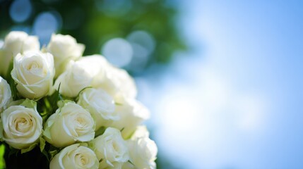 Obraz premium bouquet. Dreamy white rose bouquet softly focused against a blue sky, evoking serenity and natural beauty. gardening catalogs, home-decor guides, designed for home decor and floral branding.