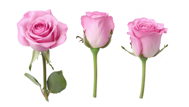 A close-up view of three pink roses arranged from fully bloomed to a tight bud. their delicate petals and green stems against a clean white background. ideal for floral-themed designs