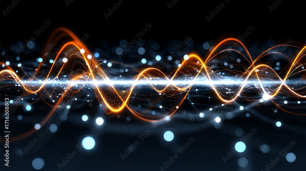 Poster this abstract digital image showcases vibrant sound waves and luminous dots, symbolizing the interpl