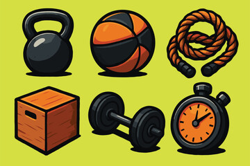 Versatile workout gear collection with kettlebell, basketball, jump rope, plyometric box, dumbbell, and stopwatch — ideal for promoting gym routines, sports training, and healthy living campaigns.