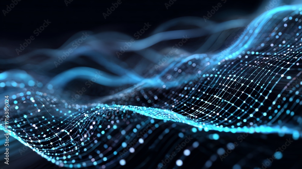 Poster a stunning visualization of digital waves in blue tones, representing data flow and connectivity. th