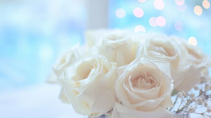 Obraz premium bouquet. Dreamy white rose bouquet softly focused against a blue sky, evoking serenity and natural beauty. gardening catalogs, home-decor guides, designed for home decor and floral branding.