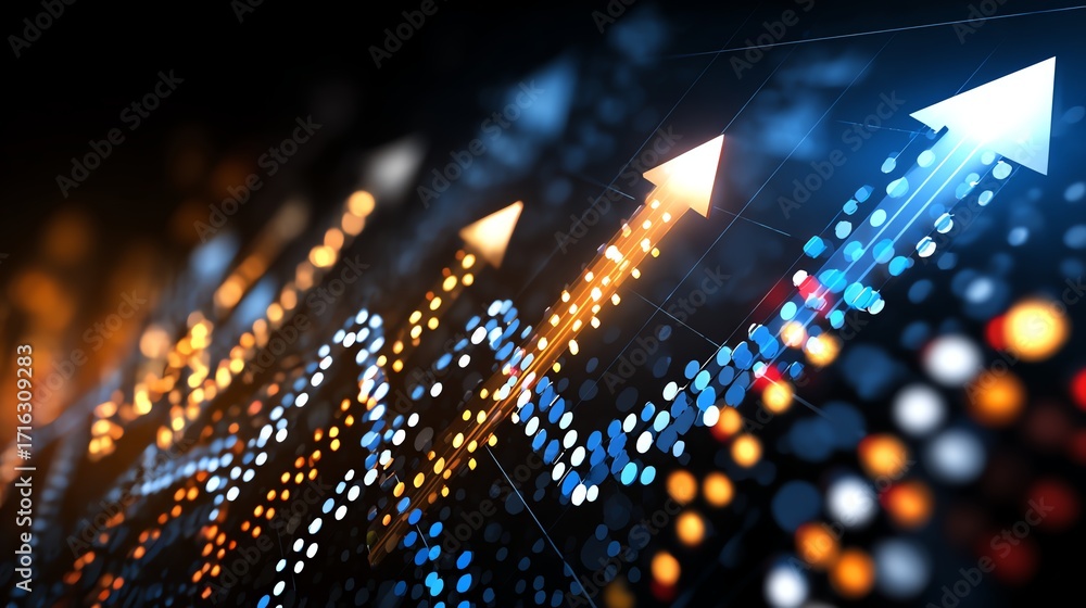 Aufkleber Dynamic business growth concept with vibrant arrows and data visualizations, representing progress, success, and financial performance in a modern digital environment.