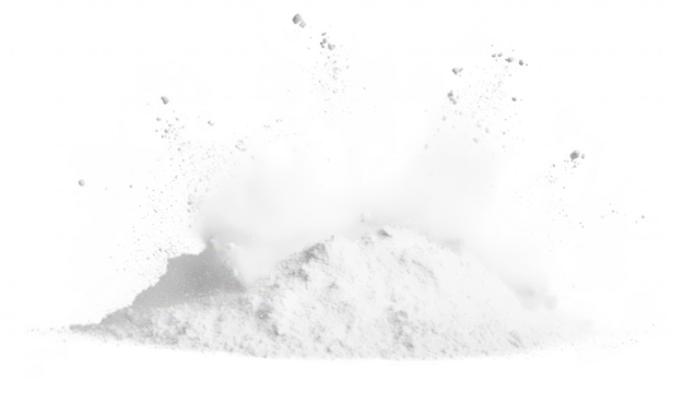A dramatic explosion of white powder creating a cloud-like effect against a white background. suggesting motion and energy. suitable for culinary or artistic themes