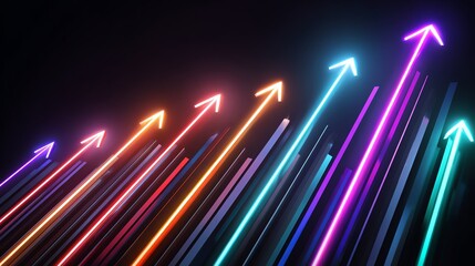Colorful neon arrows point upwards, symbolizing progress and growth in technology. Ideal for backgrounds, presentations, or articles focusing on innovation and advancement.