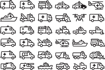 Emergency Vehicles Icon Set Ambulances Fire Trucks Police Cars and More