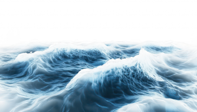 A serene view of turbulent ocean waves crashing against each other. capturing the dynamic movement and energy of water. set against a bright white background. ideal for calming visuals