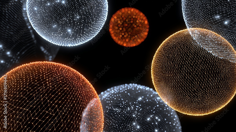 Poster an abstract representation of particles in a cosmic space, showcasing intricate designs with luminou