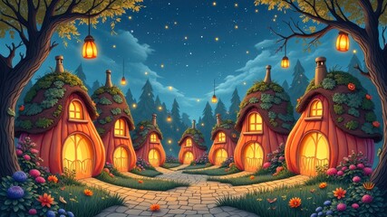 Enchanting fairy tale village at night with glowing lanterns and lush greenery