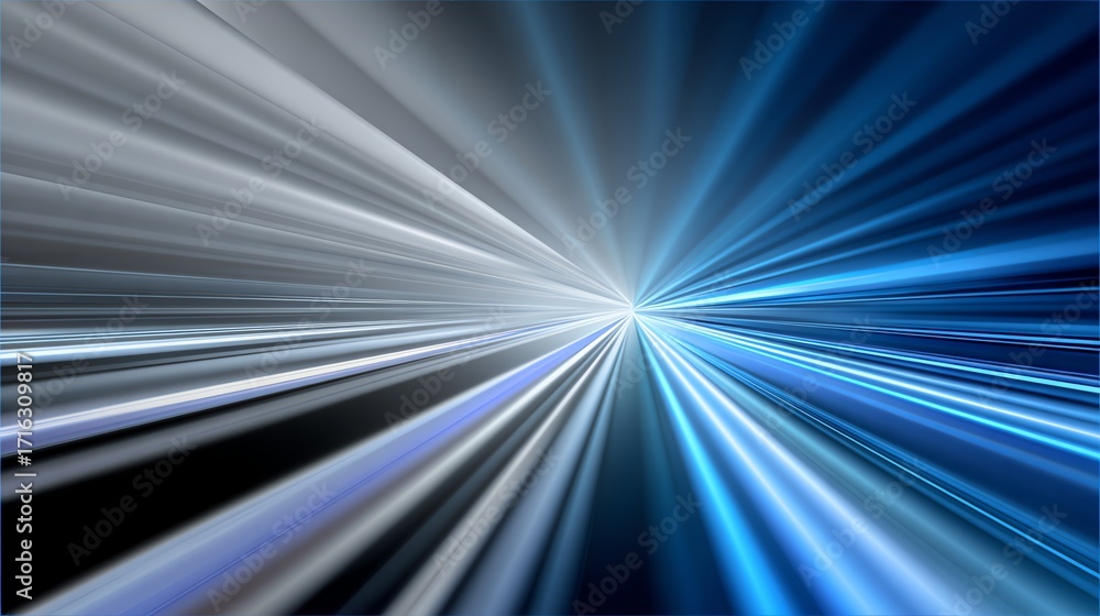 Poster an abstract representation of light rays in blue and silver shades, creating a stunning visual effec