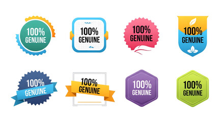 Collection of 100 percent genuine badges isolated on transparent background